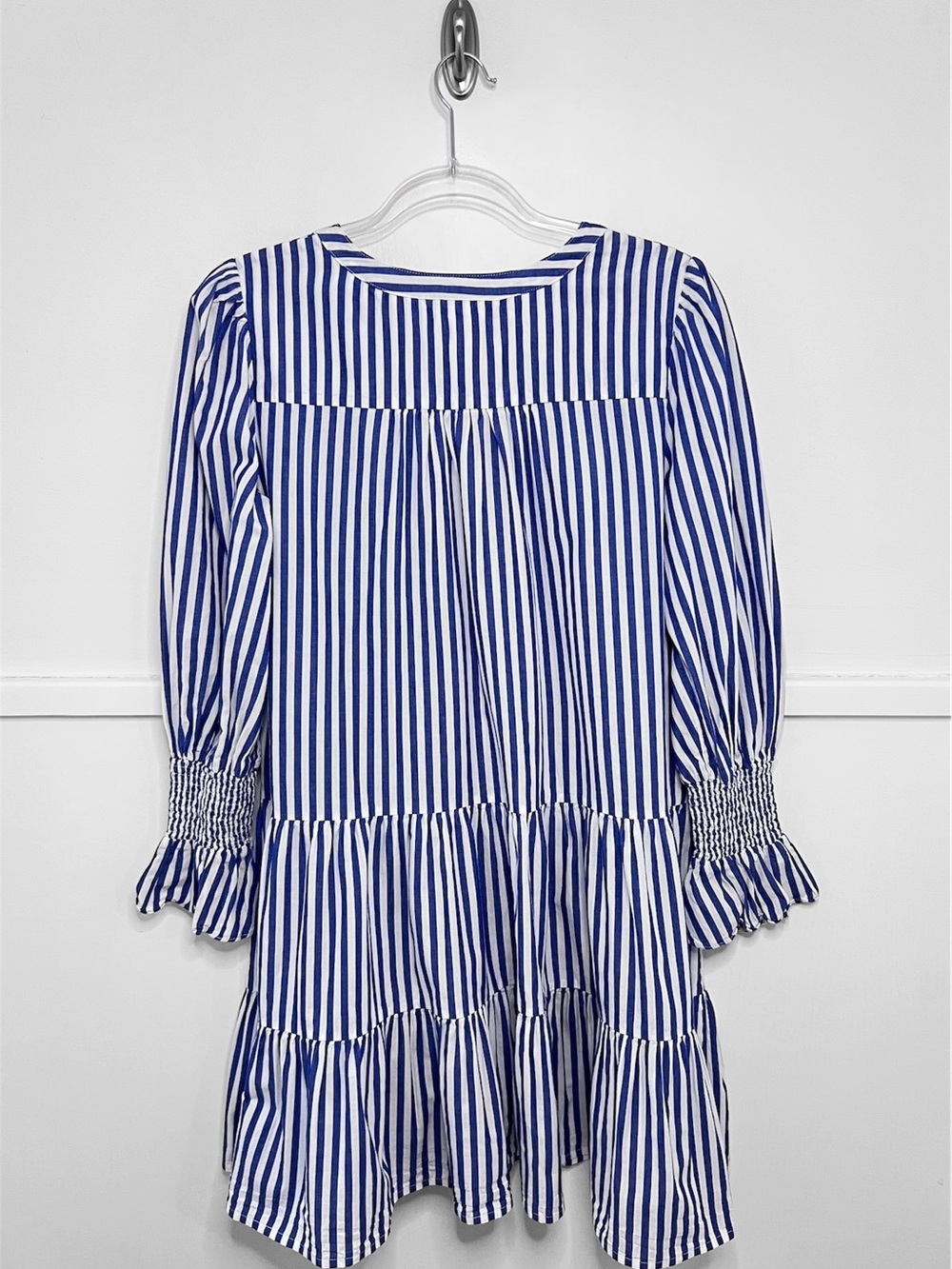 Pomander Place Kenzo Blue and White Stripe Cotton Poplin Tiered Mini Dress - Picture 10 of 13
